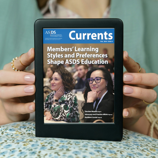 woman holding a tablet with ASDS Currents for ASDS dermatologists